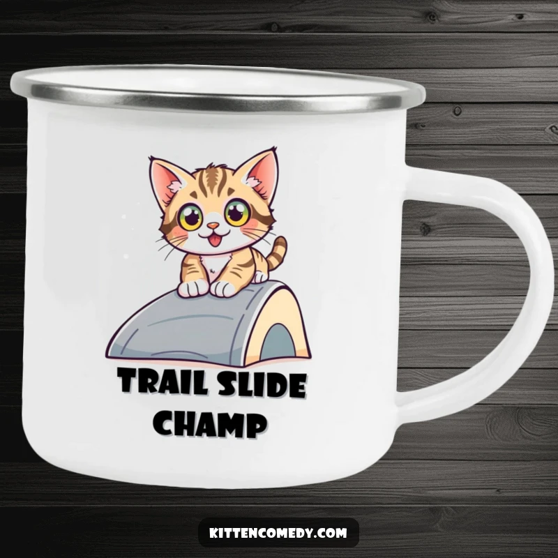 Funny sliding kitten camping mug, a wide-eyed kitten sliding down a ramp, ideal for adventures, adding humor and excitement to every drink.