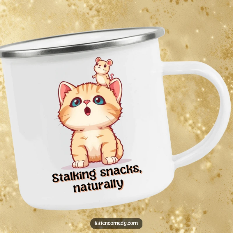 Funny surprised kitten camping mug, wide-eyed with wonder, staring at a toy mouse, ready for outdoor excursions.