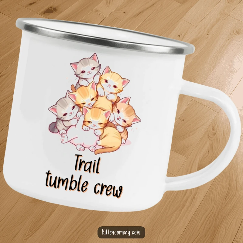 Funny Tumble Kittens Camping Mug: Kittens tumbling playfully, ideal for outdoor funny gifts.