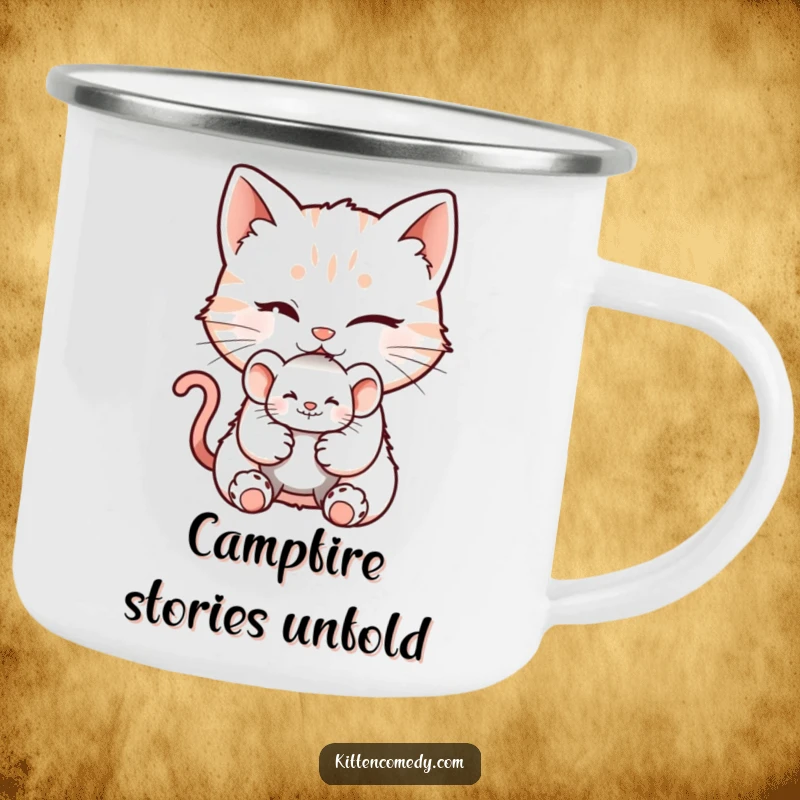 Funny camping mug with a winking kitten character offering a toy mouse, exuding mischievous fun for outdoor enthusiasts.