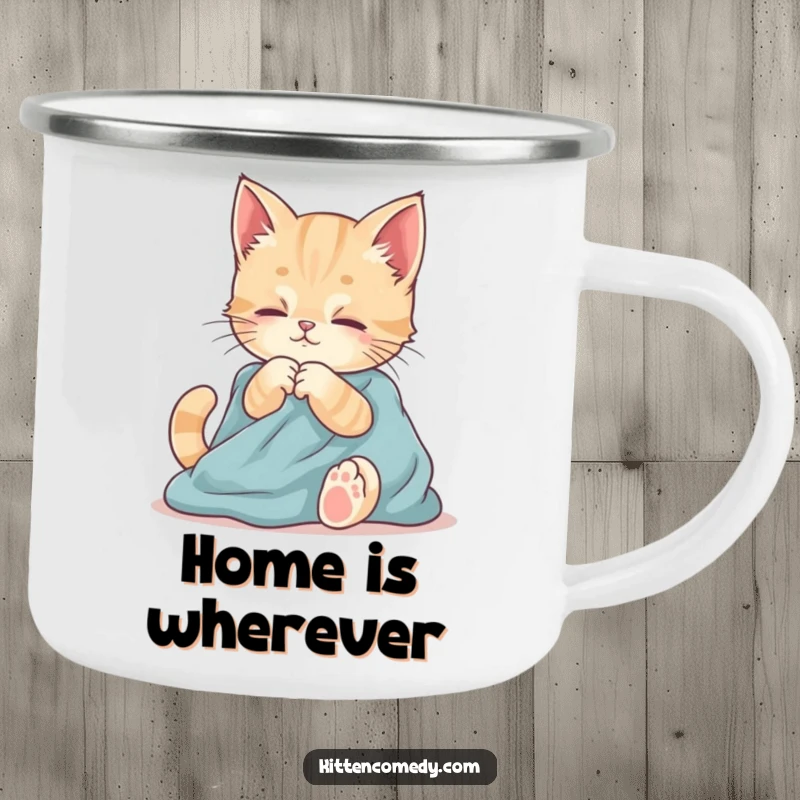 Funny camping mug featuring a kitten playfully kneading fabric. Durable and cute for all your outdoor adventures.