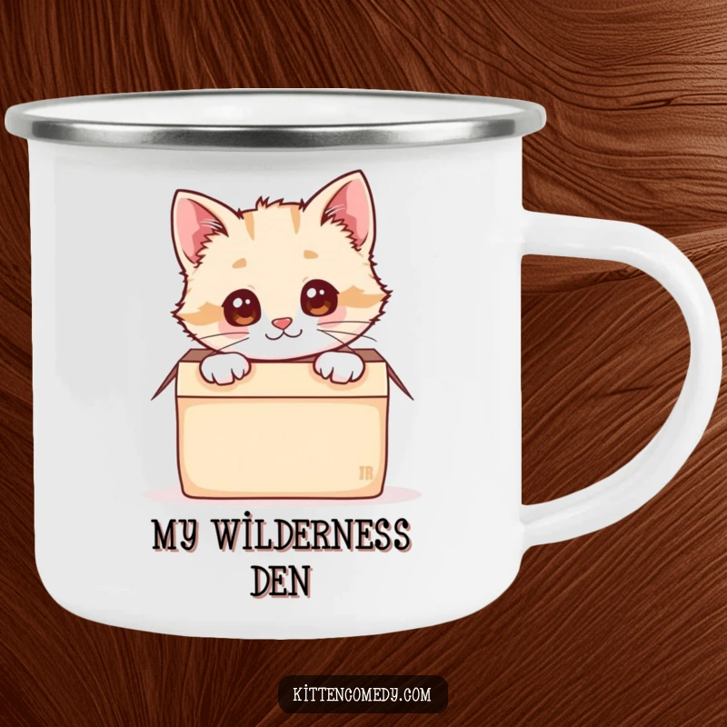 Funny kawaii kitten peeking from a cozy box, perfect for this rugged and humorous camping mug.