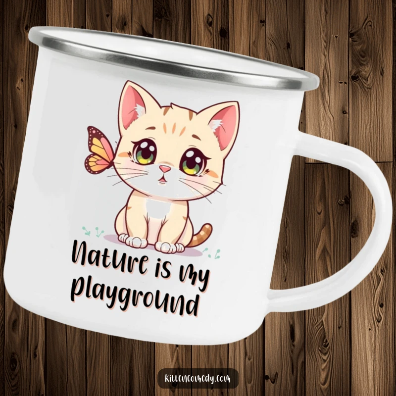 Funny Kawaii Kitten Camping Mug: A durable enamel mug with a wide-eyed kitten watching a butterfly, ideal for outdoor fun.