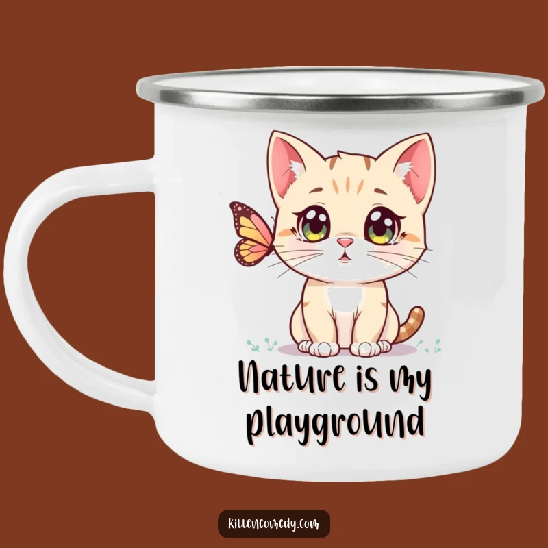 Adventure Funny Kawaii Kitten Camping Mug: Cute Cat, Butterfly Views, Gift!
