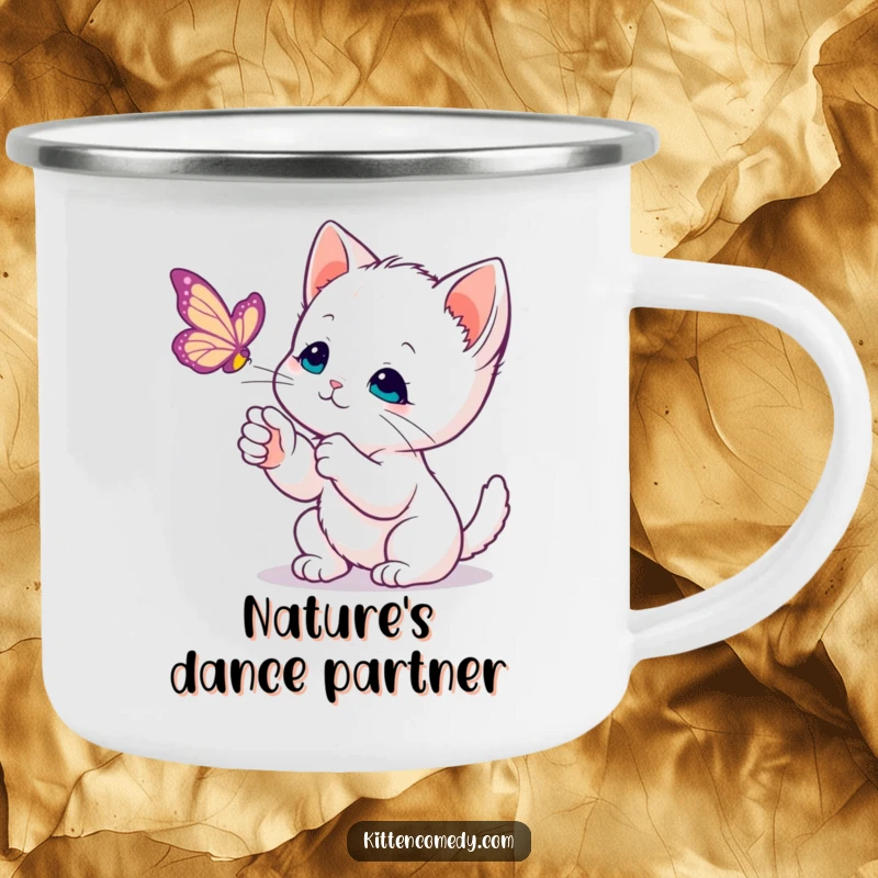 Funny Kawaii Kitten Camping Mug: A gentle kitten batting at a butterfly adorns this rugged mug, perfect for peaceful outings.