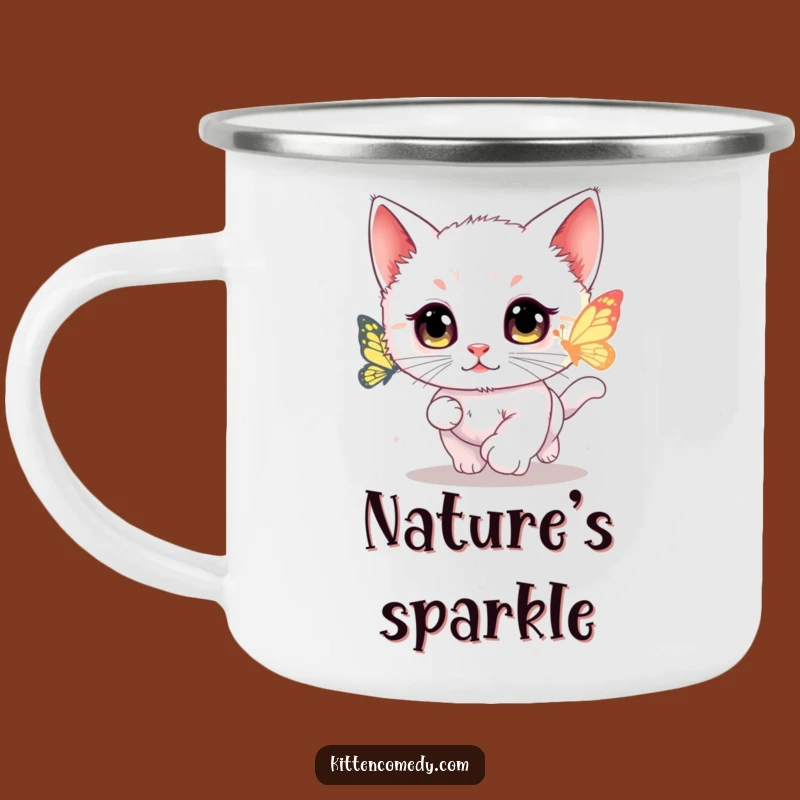 Funny Kawaii Kitten Butterfly Chase Enamel Camping Mug - Whimsical Outdoor Gift