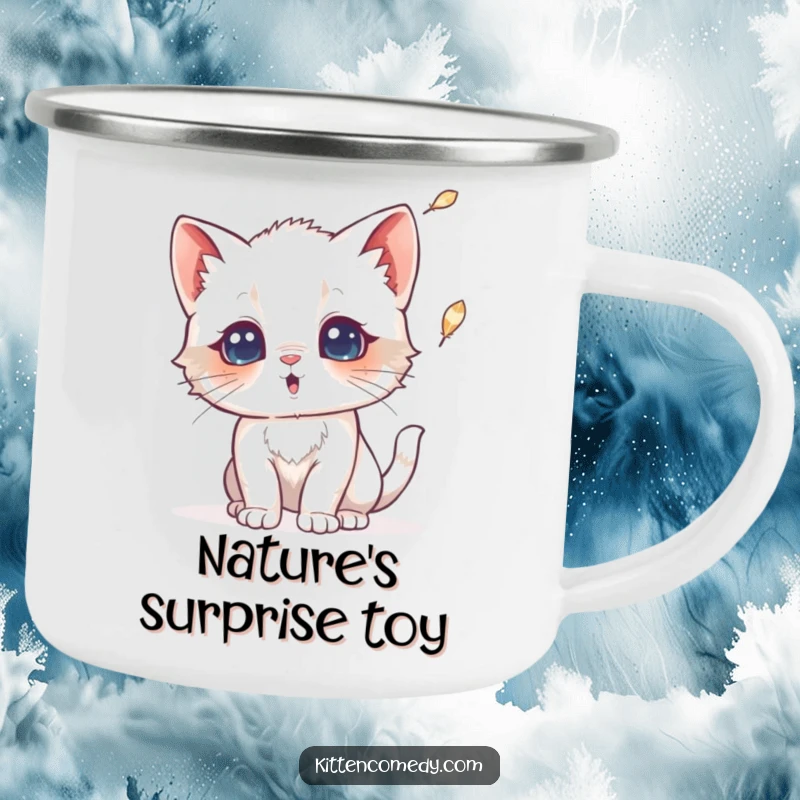 Funny camping mug featuring a kitten with a surprised expression at a falling feather. Durable and fun for any adventure.