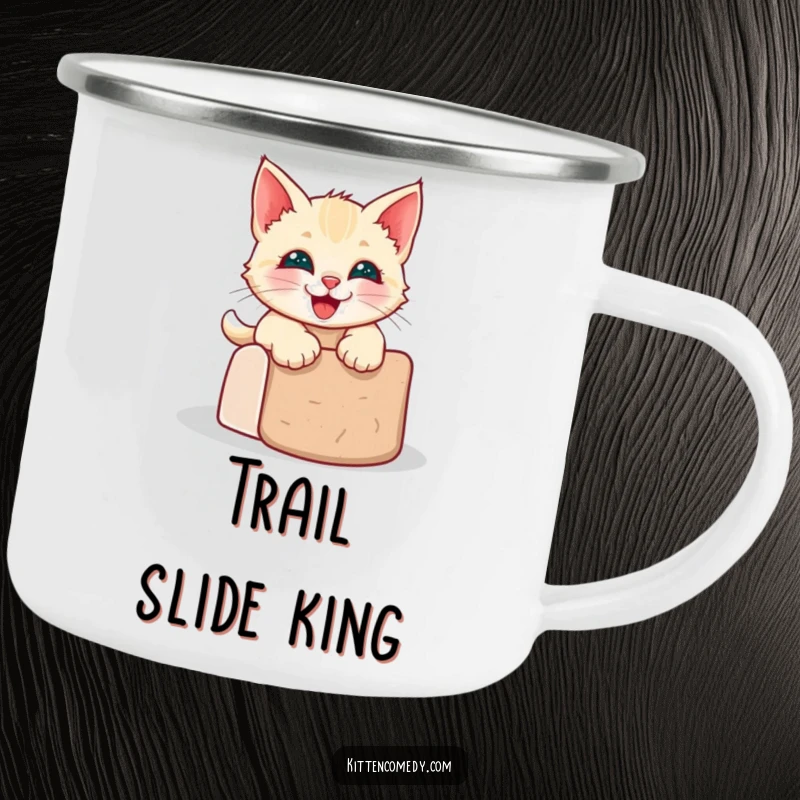 Funny kawaii kitten enamel camping mug showing a grinning cat sliding down a scratching post.