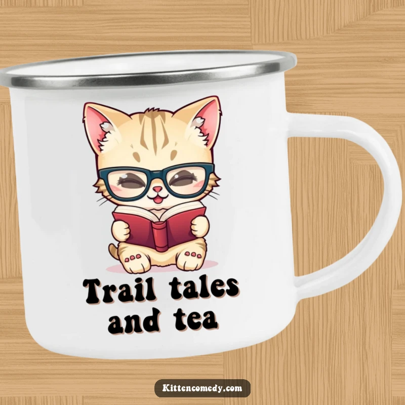 Funny camping mug featuring a giggling kitten in large glasses, reading a tiny book, perfect for smart outdoor breaks.