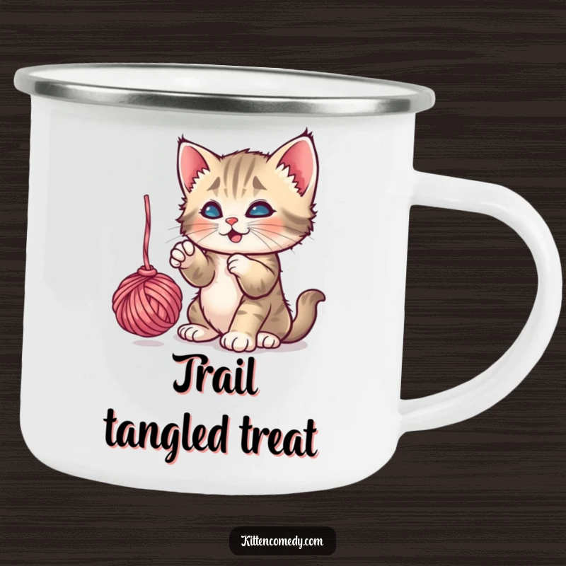 Funny Playful Kitten Yarn Camping Mug: A kitten batting a yarn ball, ideal for outdoor adventures and funny gifts.