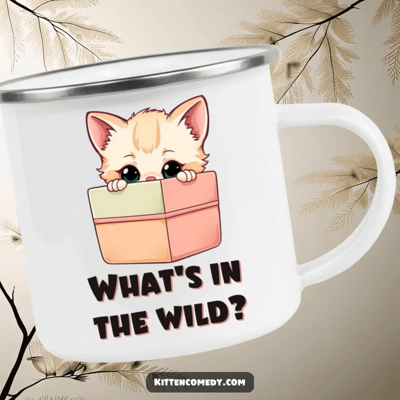 Funny Kitten Gift Box Camping Mug: A curious kitten peeking into a gift box, a humorous and durable outdoor mug.