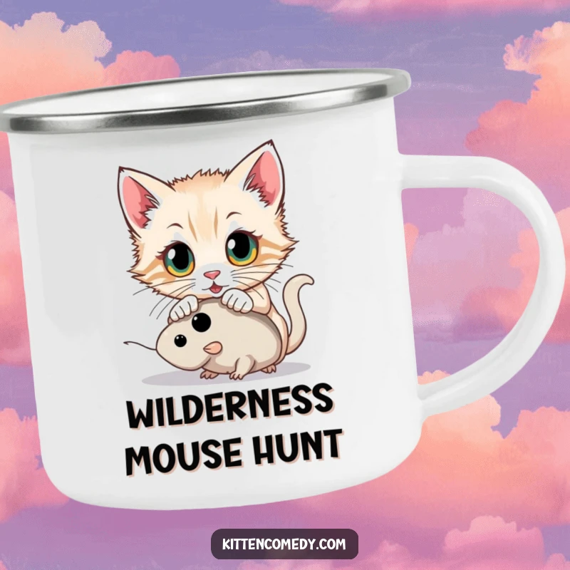 Funny kitten with wide eyes pouncing on a toy mouse on an enamel camping mug, perfect for outdoor adventures.