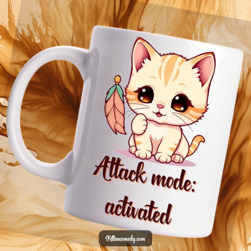 Funny Kawaii Kitten Mug: A wide-eyed, playful kitten gleefully bats at a dangling feather toy, bringing endless joy.