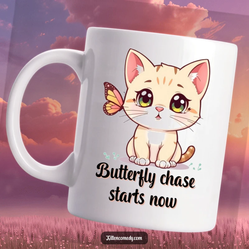 Funny Kawaii Kitten Mug: Wide-eyed kitty observing a delicate butterfly, showcasing innocent curiosity and playful charm.