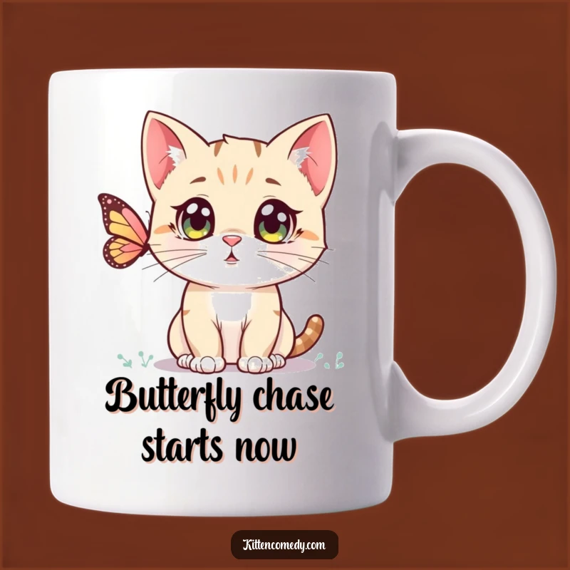 Funny Kawaii Kitten Mug: Curious Kitty Adoring Butterfly, Perfect Gift for Cat Lovers