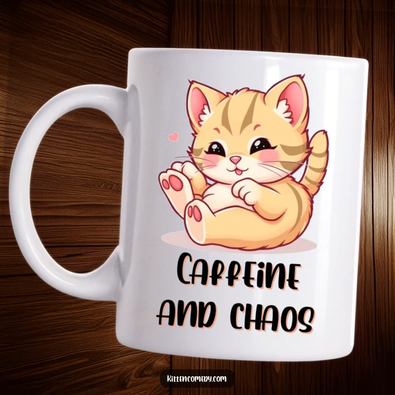Funny kawaii kitten mug depicting a cat rolling around in playful delight, capturing pure feline joy, a perfect funny gift for cat enthusiasts.