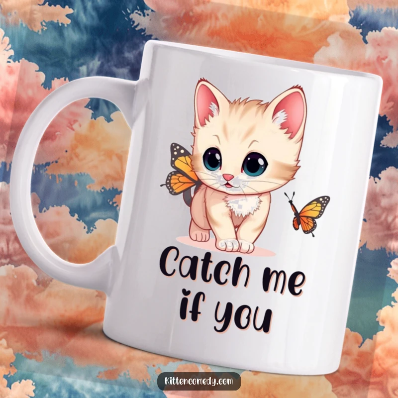 Funny mug with a kitten that has wide, curious eyes chasing a butterfly, capturing a moment of playful exploration.