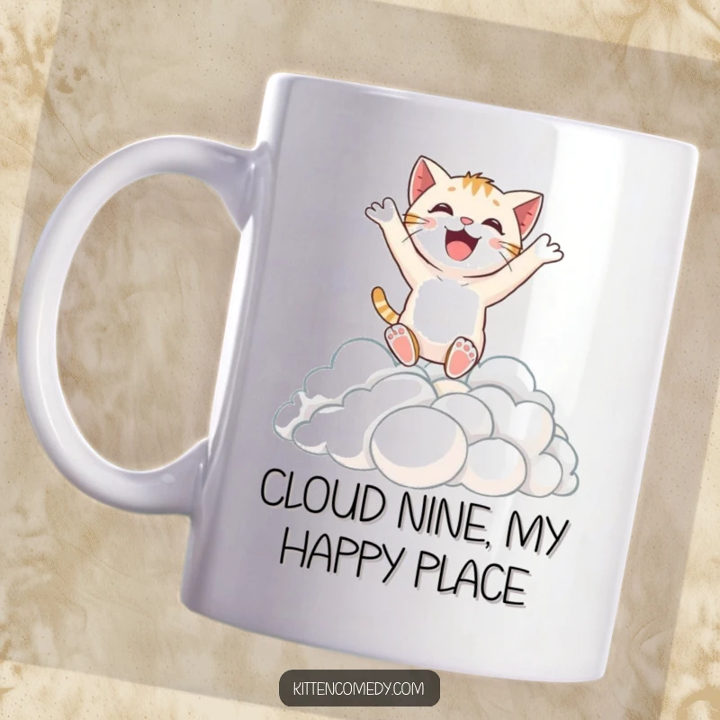 Funny mug featuring an excited kitten character leaping joyfully into a fluffy cloud pile, embodying pure delight and playful energy.