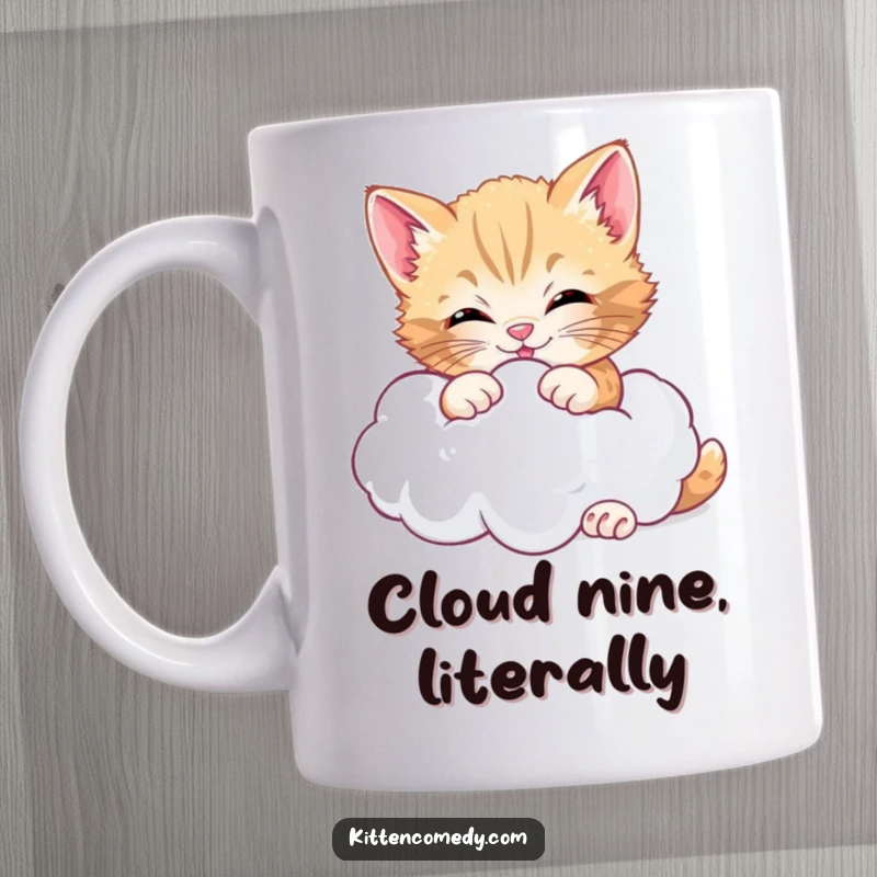 Funny cheerful kitten mug, happily wrestling a fluffy cloud, embodying pure playful bliss and cottony fun.