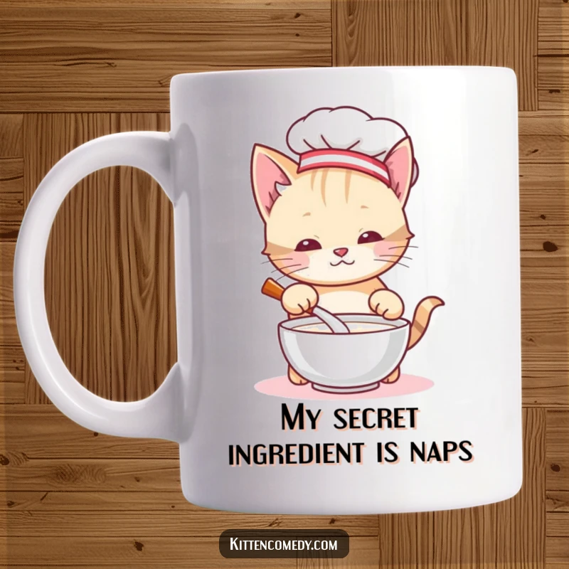 Funny chef kitten mug, wearing a hat and stirring milk with a whisk, looking cute and focused, ready to cook up some fun.