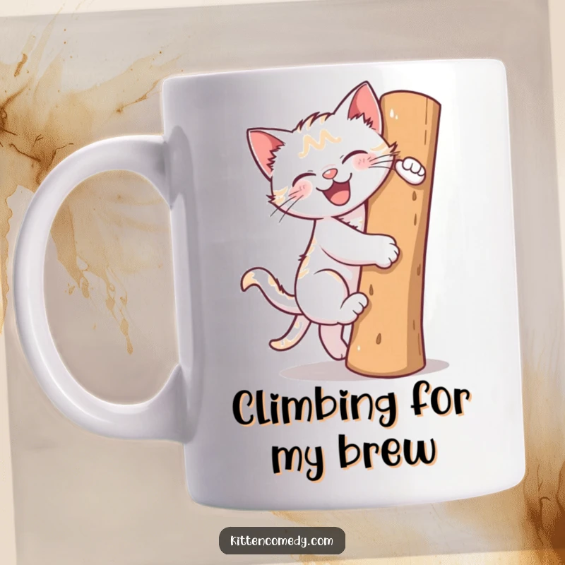 Funny mug depicting a kitten gleefully scaling a scratching post with joyful abandon. Pure kitten energy and humor.