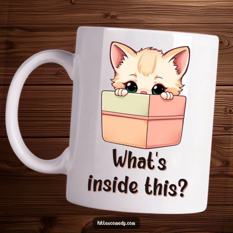 Funny Curious Kitten Mug: A kitten peers into a bright gift box, embodying playful curiosity and humorous anticipation.
