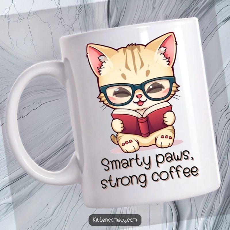 Funny mug showing a giggling kitten wearing oversized glasses, engrossed in reading a tiny book, radiating studious amusement.