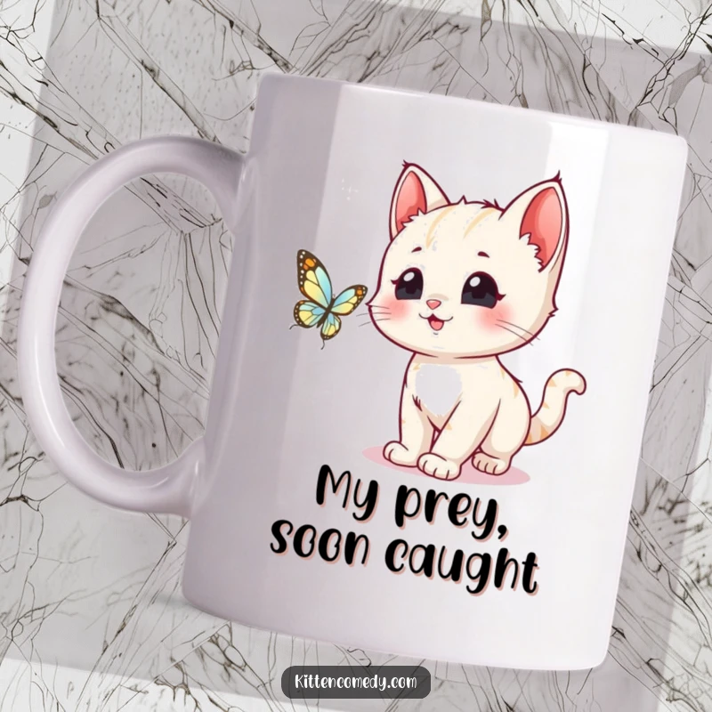 Funny kawaii kitten with wide eyes joyfully chasing a shimmering butterfly across this delightful mug.
