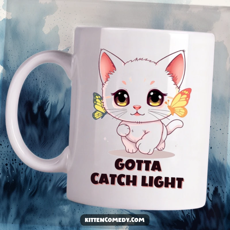 Funny kawaii kitten mug with wide eyes, enthusiastically chasing a glowing butterfly.