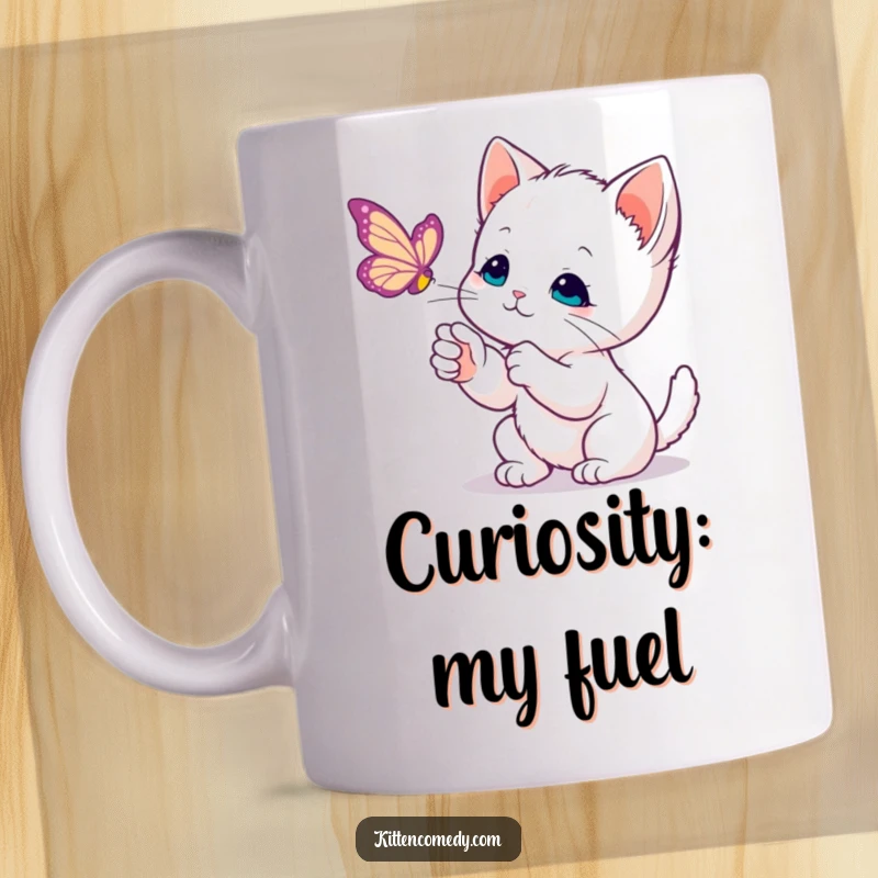 Funny Kawaii Kitten Mug: A curious kitten with gentle paws swipes playfully at a delicate floating butterfly.