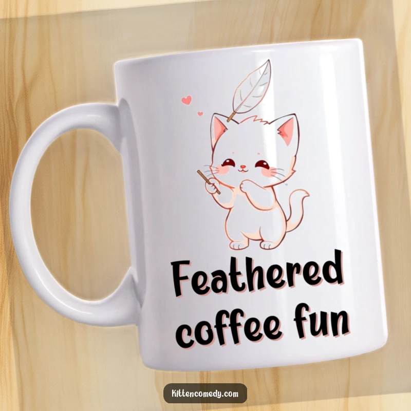 Funny kawaii kitten mug, happily batting at a floating feather, showcasing a cute and playful feline.