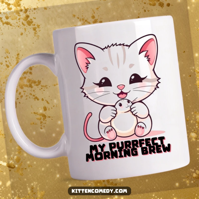 Funny kawaii kitten mug holding a mouse toy with a happy, inviting meow, perfect for cat lovers seeking a cute and funny gift.