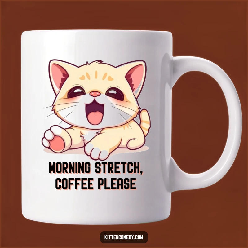 Wake up and smell the coffee... and the yawns! This funny mug features a blissfully stretching kawaii kitten. Perfect for slow mornings.
