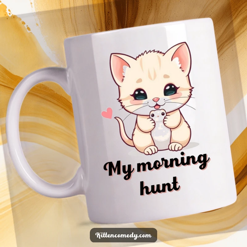 Funny mug showing a cute kitten happily offering a toy mouse, embodying playful generosity and feline charm.