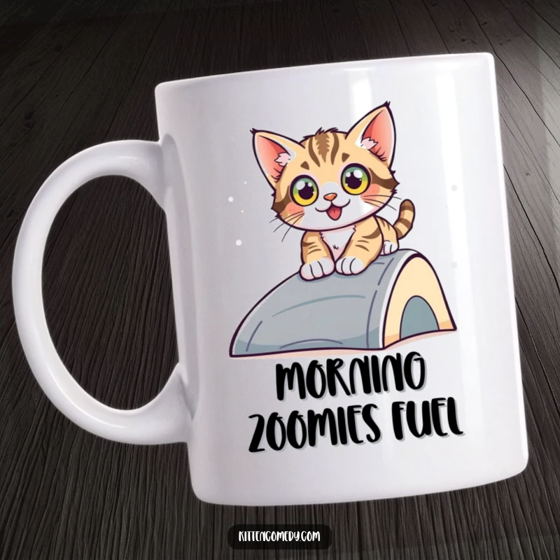 Funny sliding kitten mug, a wide-eyed kitten gleefully sliding down a ramp, capturing a moment of pure, hilarious joy and motion.