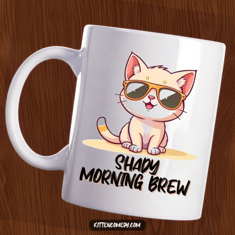 Funny Sunglasses Kitten Mug: A cool kitten wearing sunglasses, happily sunbathing with a relaxed and funny vibe.