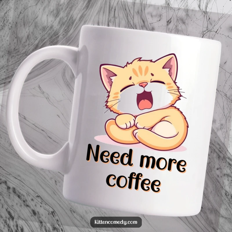 Funny Tired Kitten Mug: A sleepy kitten yawns widely while curled in a sunbeam, symbolizing ultimate relaxation and humor.