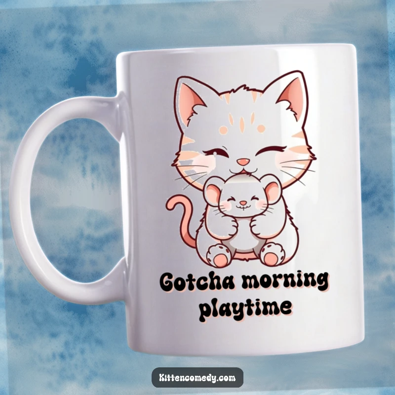 Funny mug featuring a mischievous kitten character winking and offering a tiny mouse toy with a cheeky, playful grin.