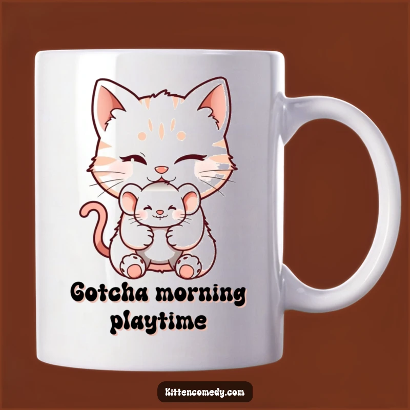 Funny Mischievous Kitten Mug with a Winking Grin and Toy Mouse Surprise