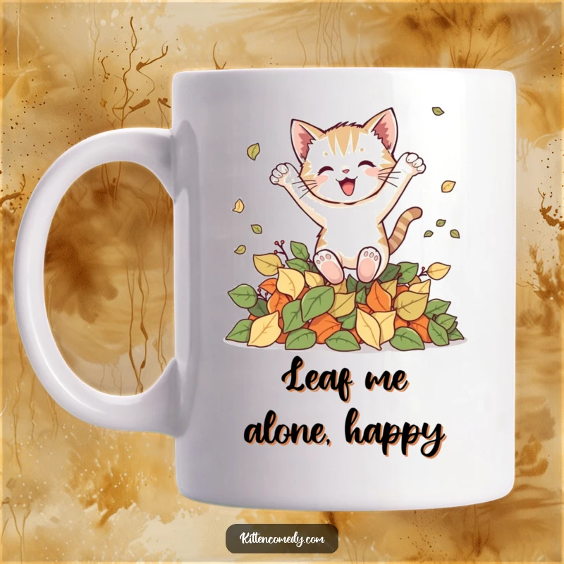 Funny kitten mug capturing a joyful kitten leaping high into a colorful pile of autumn leaves, celebrating seasonal fun.