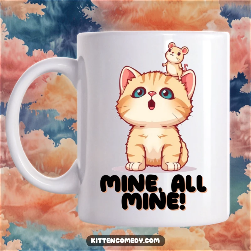 Funny surprised kitten mug, wide-eyed and startled, staring at a floating toy mouse, expressing pure shock and amusement.