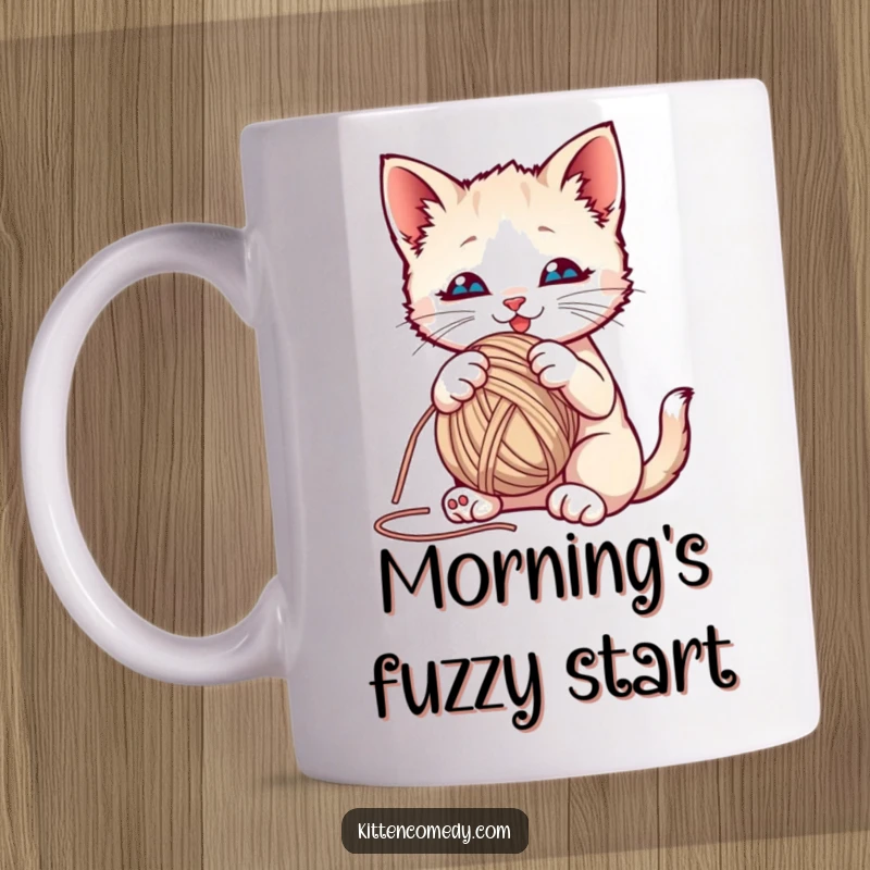 Funny kitten playfully batting at a colorful yarn ball on a mug, illustrating adorable feline mischief.