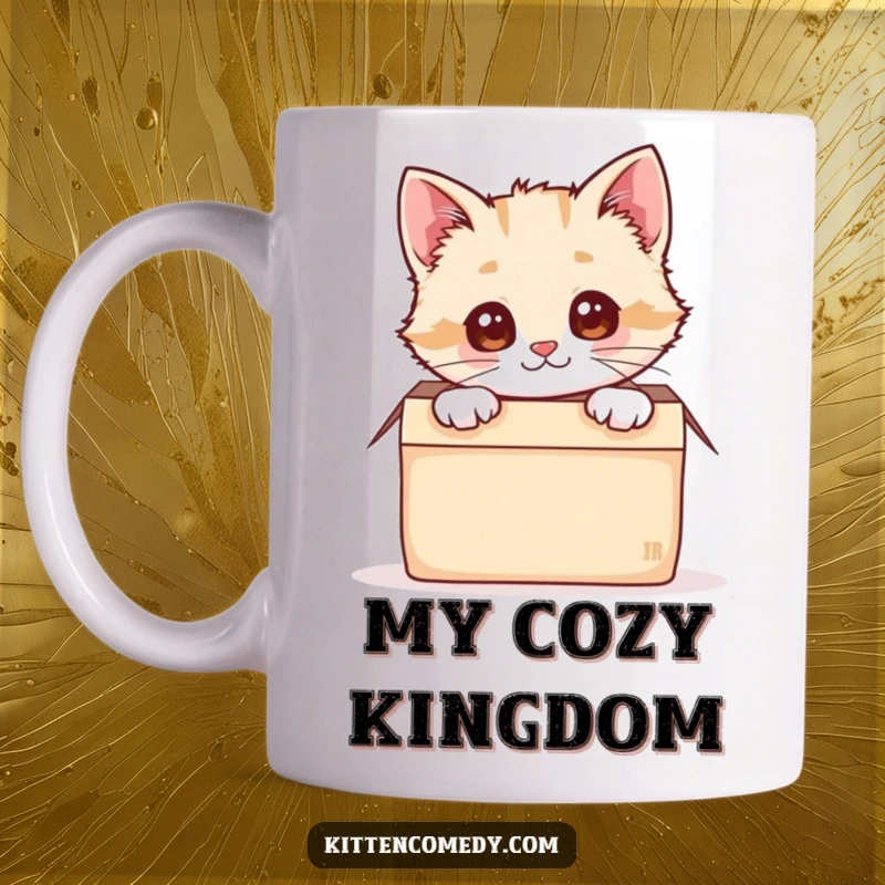 Funny kawaii kitten playfully peeking out from a cozy, open box on this charming mug.