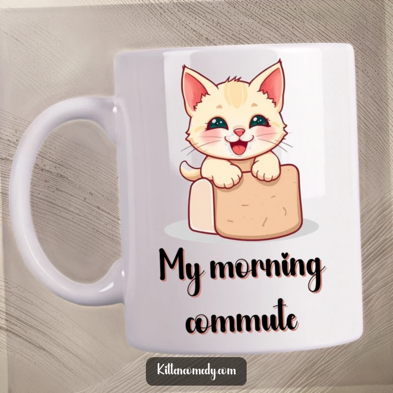 Funny kawaii kitten mug with a wide grin, sliding gleefully down a scratching post.