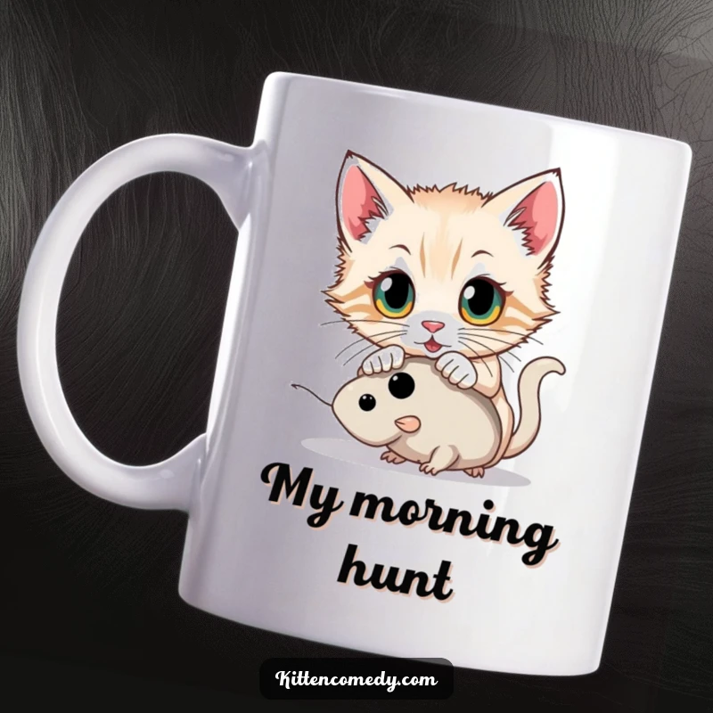 Funny kitten with wide, determined eyes pouncing on a toy mouse on a mug, illustrating a comical hunt.