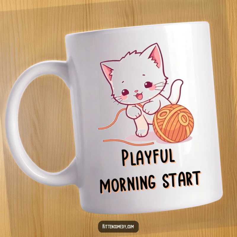 Funny kawaii kitten mug, playfully chasing a ball of yarn, showcasing a cute and energetic feline.