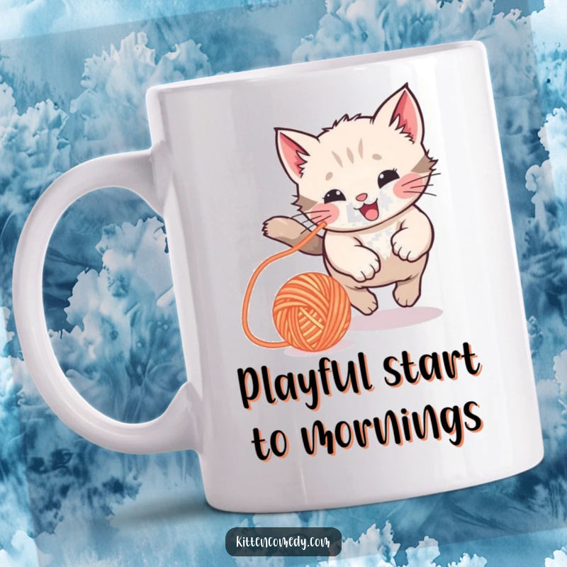 Funny Kawaii Kitten Mug: A cute kitten joyfully chasing a bouncing yarn ball with playful pounces, a humorous and delightful gift.