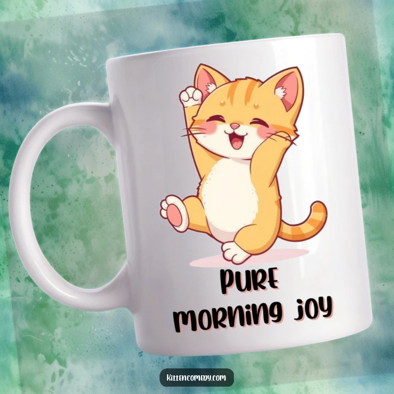 Funny Kitten Somersault Mug: A joyful kitten does a happy somersault with its tail up, symbolizing pure, energetic fun.