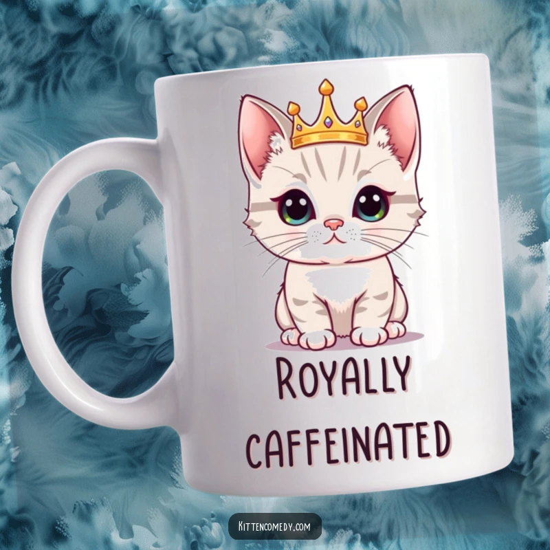 Funny Kawaii Kitten Crown Mug: A proud kitten adorned in a tiny golden crown, exuding regal funny charm.