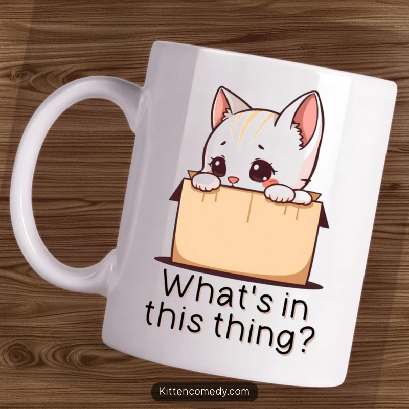 Funny kitten character playfully peeking into an open box, full of curiosity and mischief, making this mug a delightful and humorous gift.